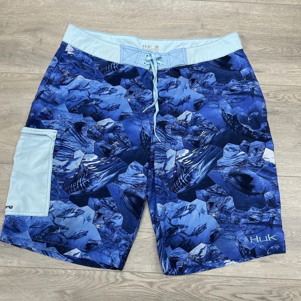 Huk Fishing Blue Board Short Swim Trunks Men's Sz 38 Sailfish Boat Ocean
